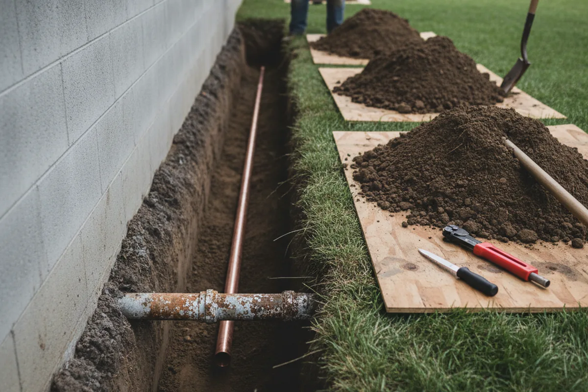 Excavated water line trench during Water Heater Repair in Jenison